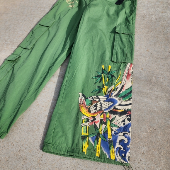 NWT Ed Hardy Cotton Peacock Poplin Wide Leg Army Green Cargo Pant Women's L - Picture 6 of 10
